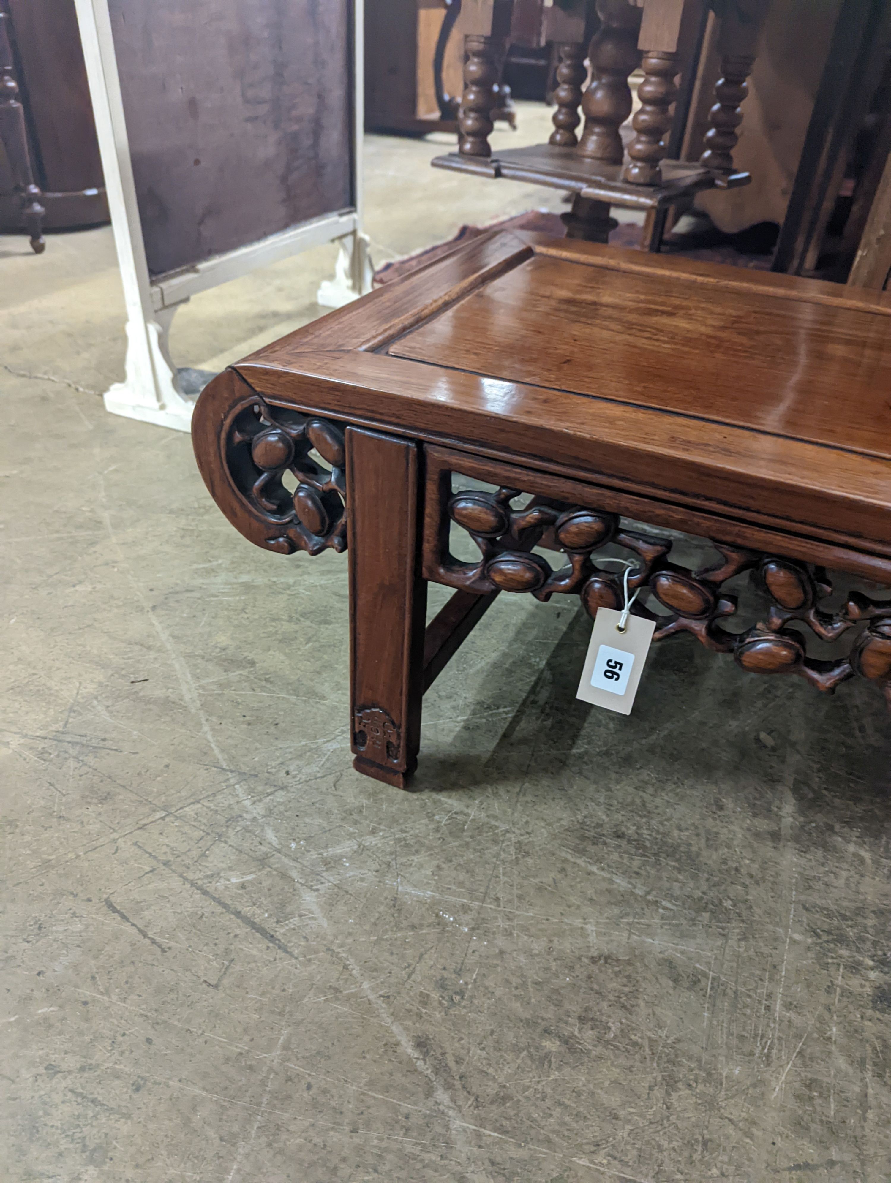 A late Victorian Chinese hongmu rectangular low table, width 90cm, depth 43cm, height 34cm